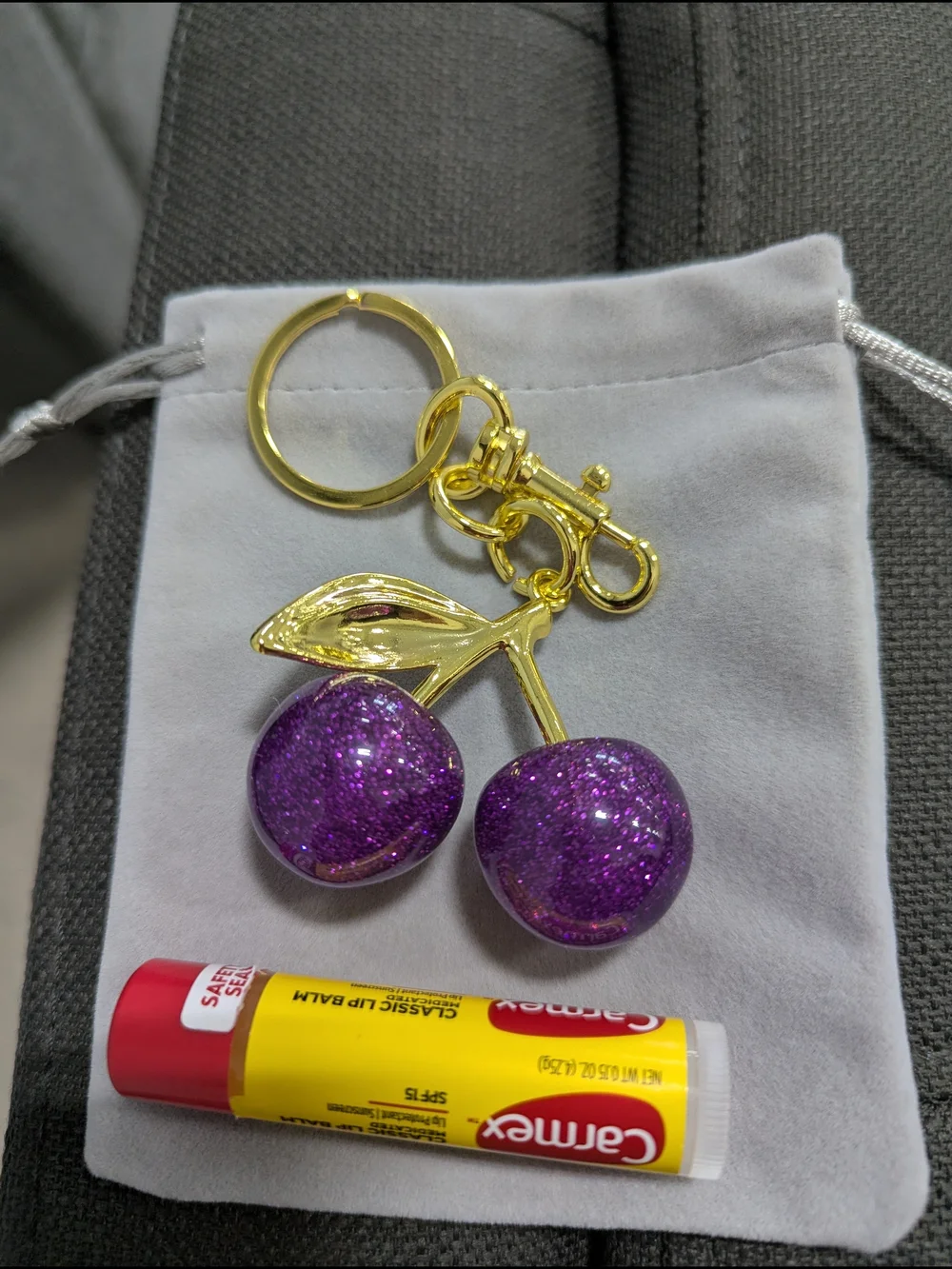 Purple Glitter Cherry Charm Keychain NWOT (Small)